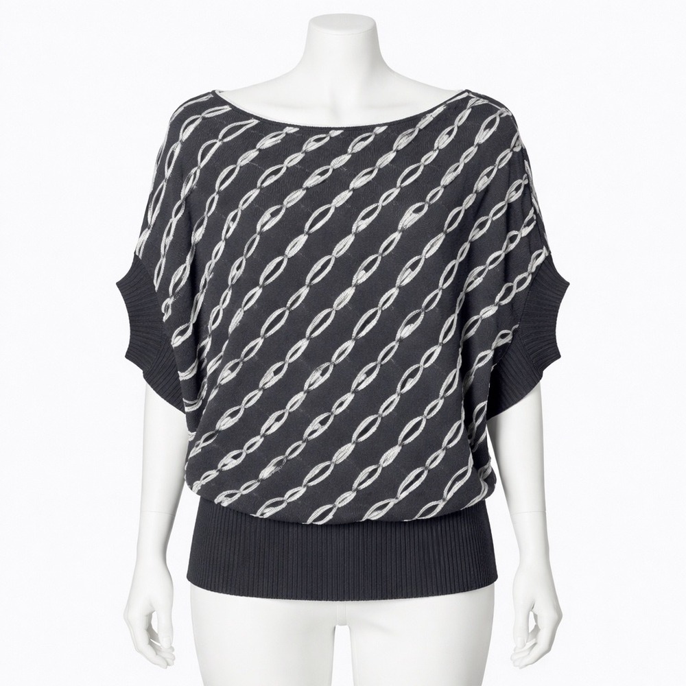 Adolfo Dominguez Knit Top Women S Blue White Geometric Dolman Batwing Boat Neck